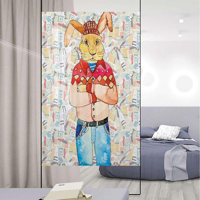 Multicolor Self-Adhesive Privacy Glass Window Film Hipster Fashion Rabbit Modern Humor Design Self Static Heat Control Window tinting Film Hippie Decor 31.5Wx62.9L-inch