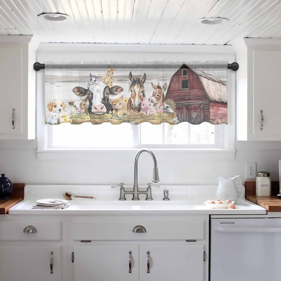 Farmhouse Animals Valance Curtains for Kitchen/Living Room/Bathroom/Bedroom Window, Cow Pig in Fence Retro Wood Barn Rod Pocket Small Topper Half Short Window Curtains Voile Sheer Scarf 42"x18"