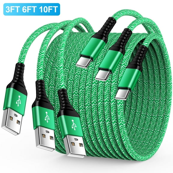 3 Pack USB-C Fast Charging Cable Cord 10FT6FT3FT Type C Cable Nylon Braided Fast Charging and Data Cable Cord for Samsung, Green
