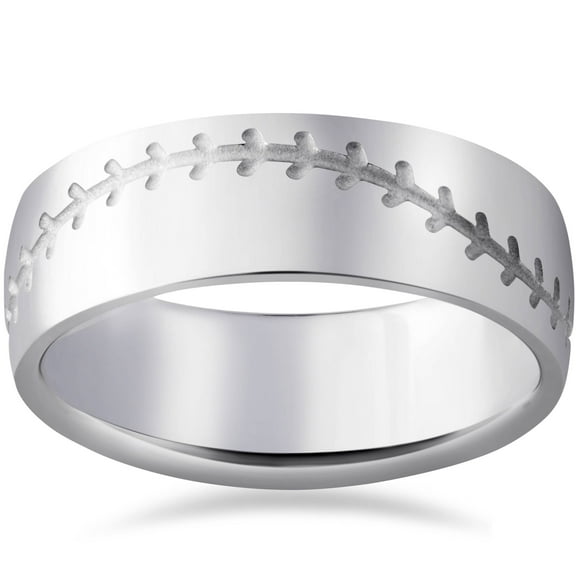 Pompeii 8mm Mens 14K White Gold Baseball Stich Wedding Band (,)