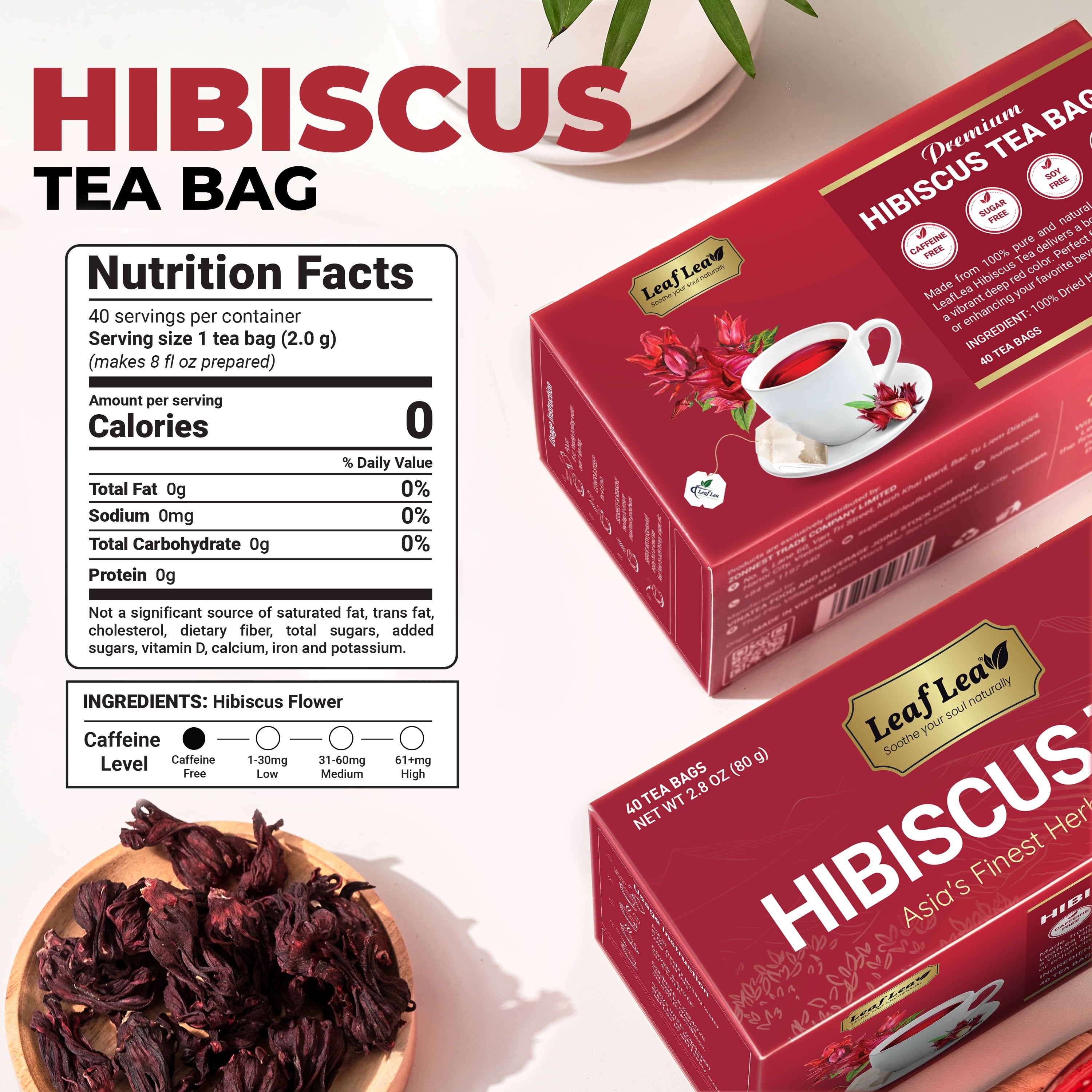 LeafLea 40 Premium Natural Hibiscus Tea Bags, 100% Pure from Hibiscus Flowers, Caffeine-Free Herbal Tea, Hibiscus Flower Tea Rich in Natural Goodness and Flavor, No Sugar, Gluten-Free, Vegan