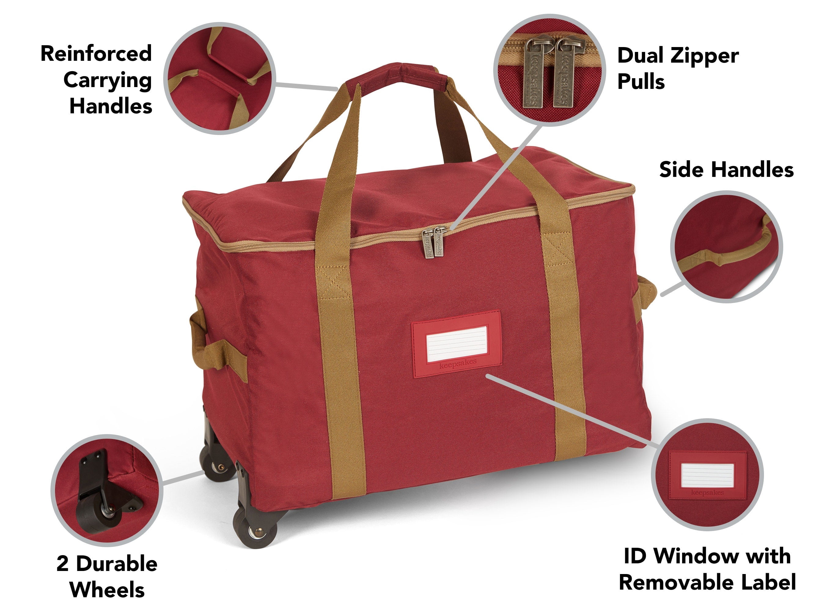 Covermates Keepsakes Rolling Treasurekeeper Storage Bag - Carrying Handles, ID Window, Dual Wheels - Holiday Storage, Red