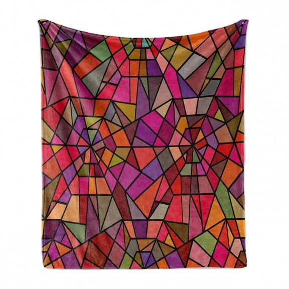 Abstract Soft Flannel Fleece Throw Blanket, Mosaic Style Stained Glass Fractal Colorful Geometric Triangle Forms Image, Cozy Plush for Indoor and Outdoor Use, 60" x 80", Multicolor, by Ambesonne