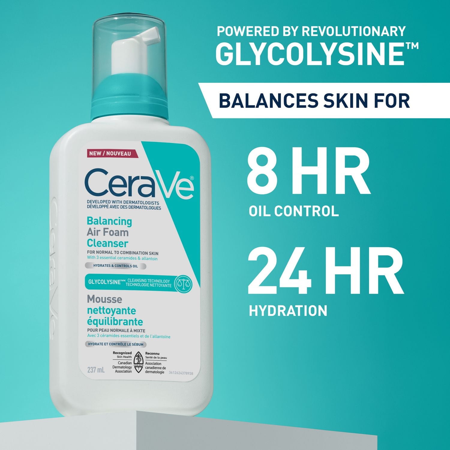 CeraVe Nettoyant Moussant Équilibrant, Gel Avancé avec Technologie Glycolysine pour Peau Normale à Mixte, 237 ml