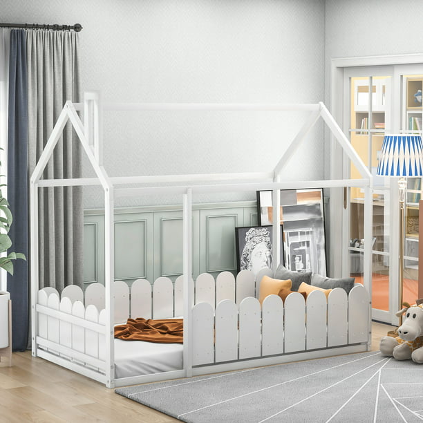 Wood Bed House With Fence Toddler, Toddler Bed Twin Size