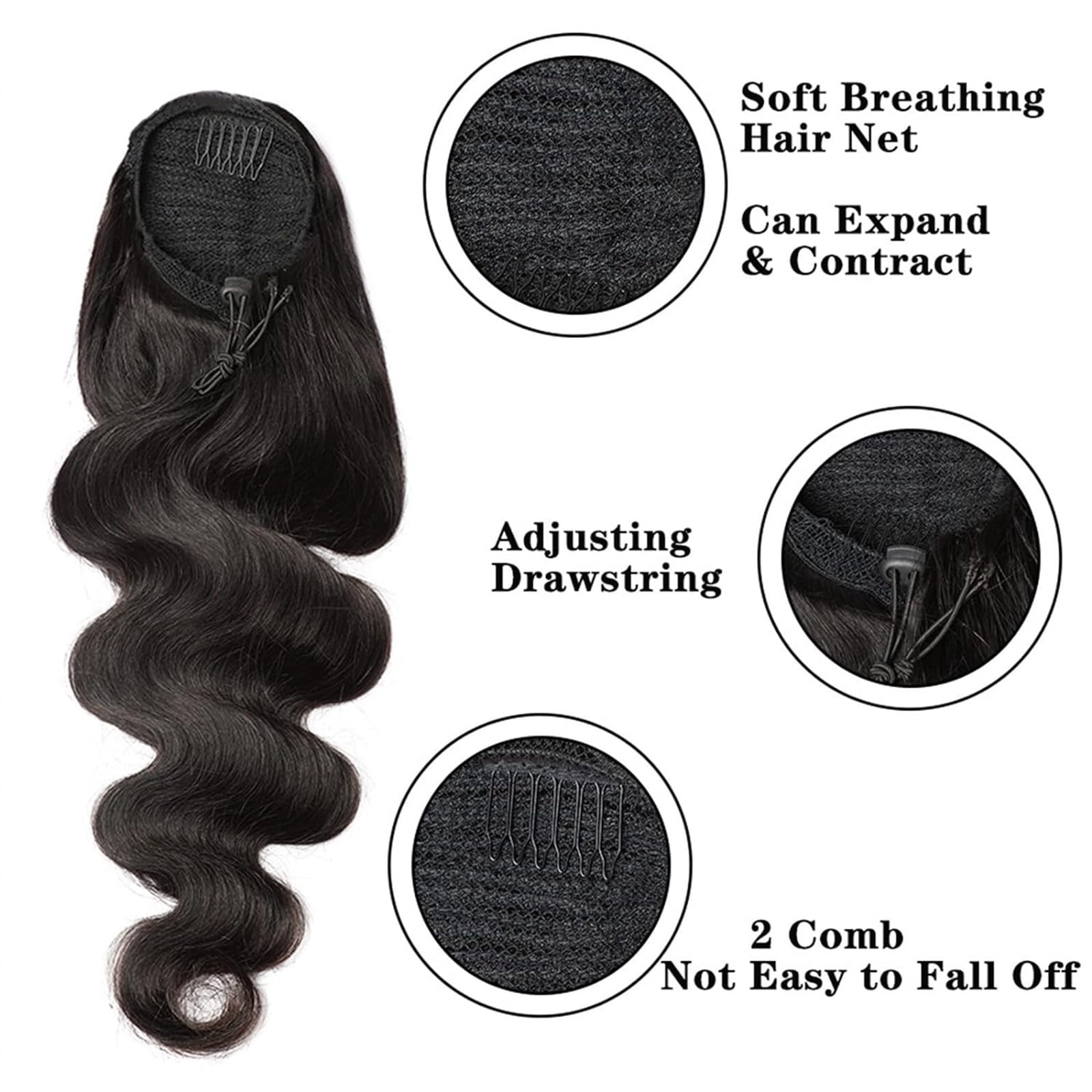 Drawstring Ponytail 10-26 Inch Long Body Wavy Human Hair Ponytail Hairpiece Clip in Remy Hair Extension for Daily Use