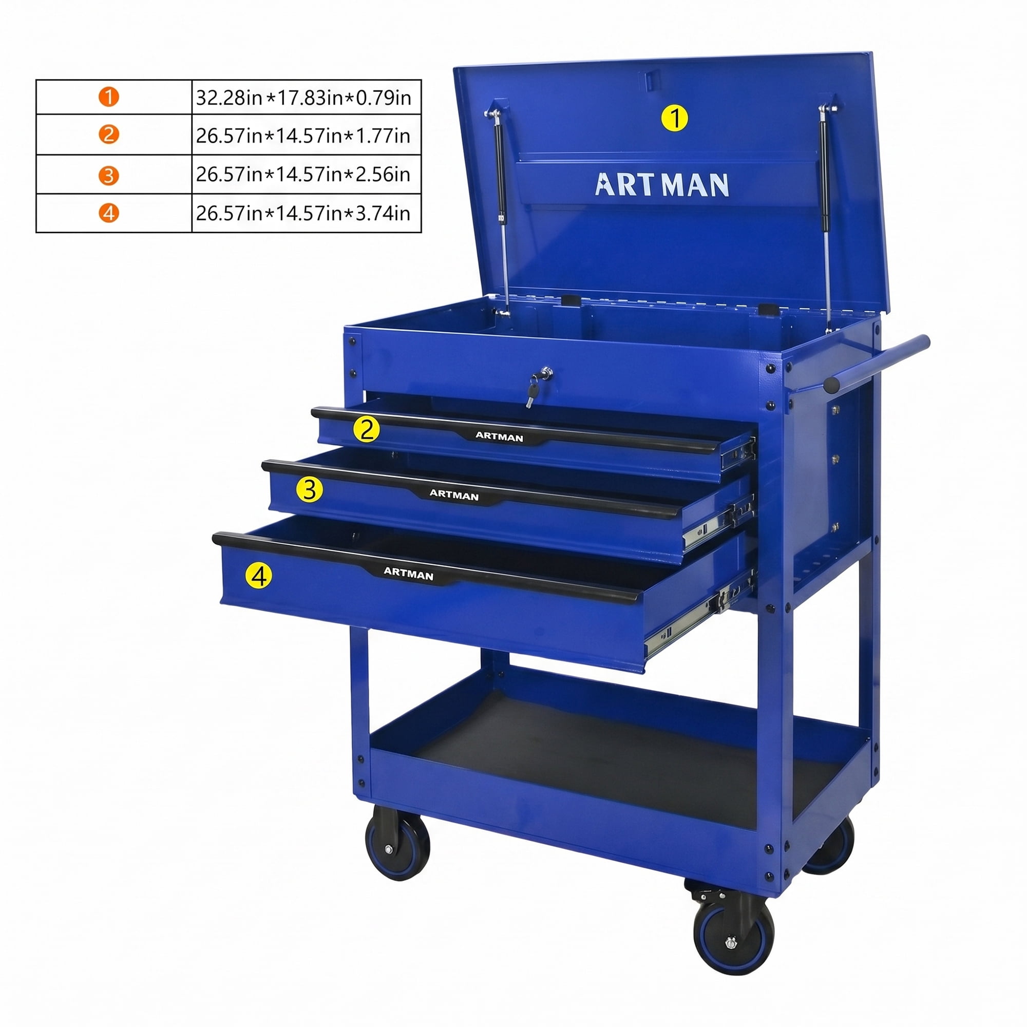 3 Drawer Tool Cart With Wheels and Steel Top