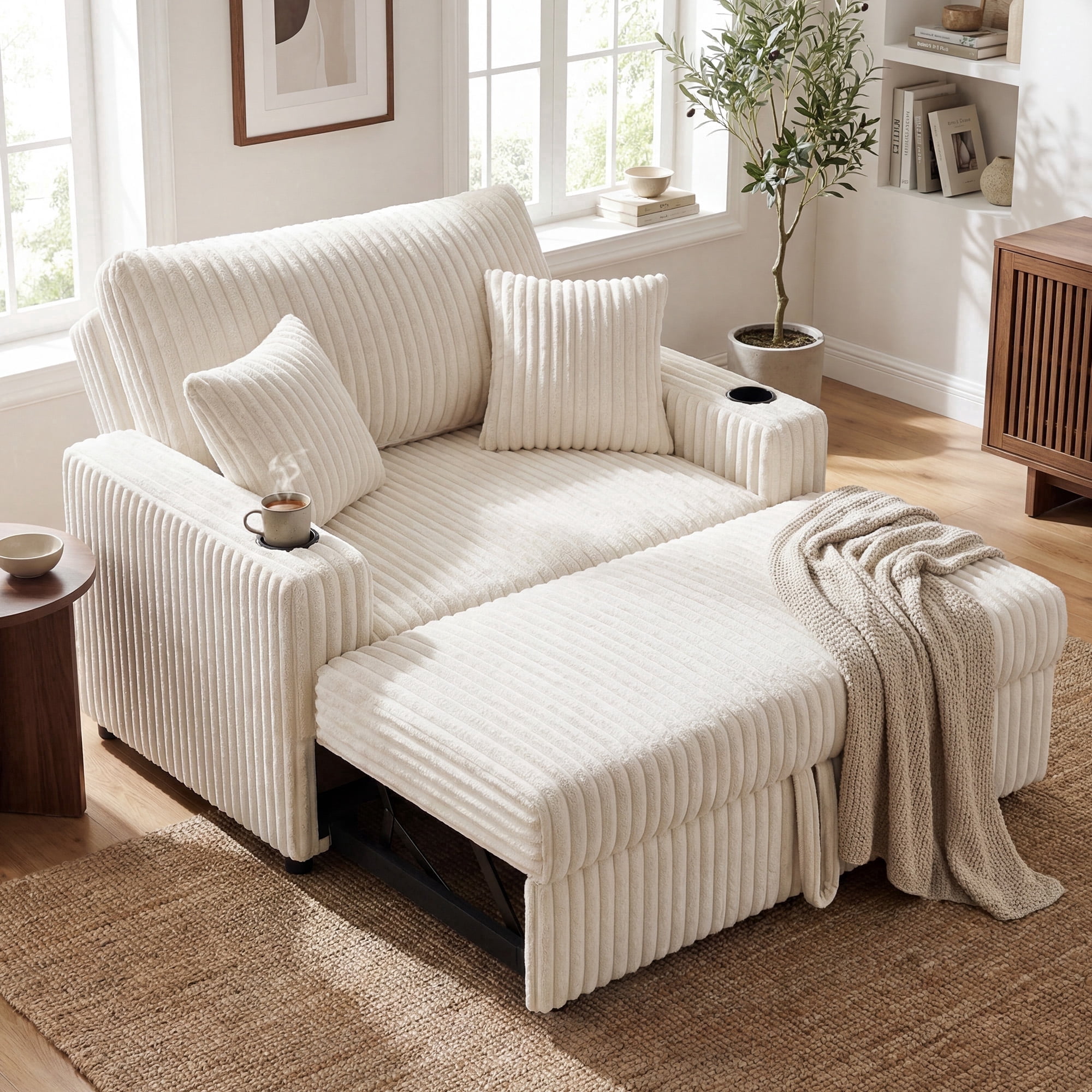 Marrber 52" Convertible Sleeper Loveseat with Reclining Backrest & Cup Holders, Pet-Friendly Corduroy for Small Space, Beige