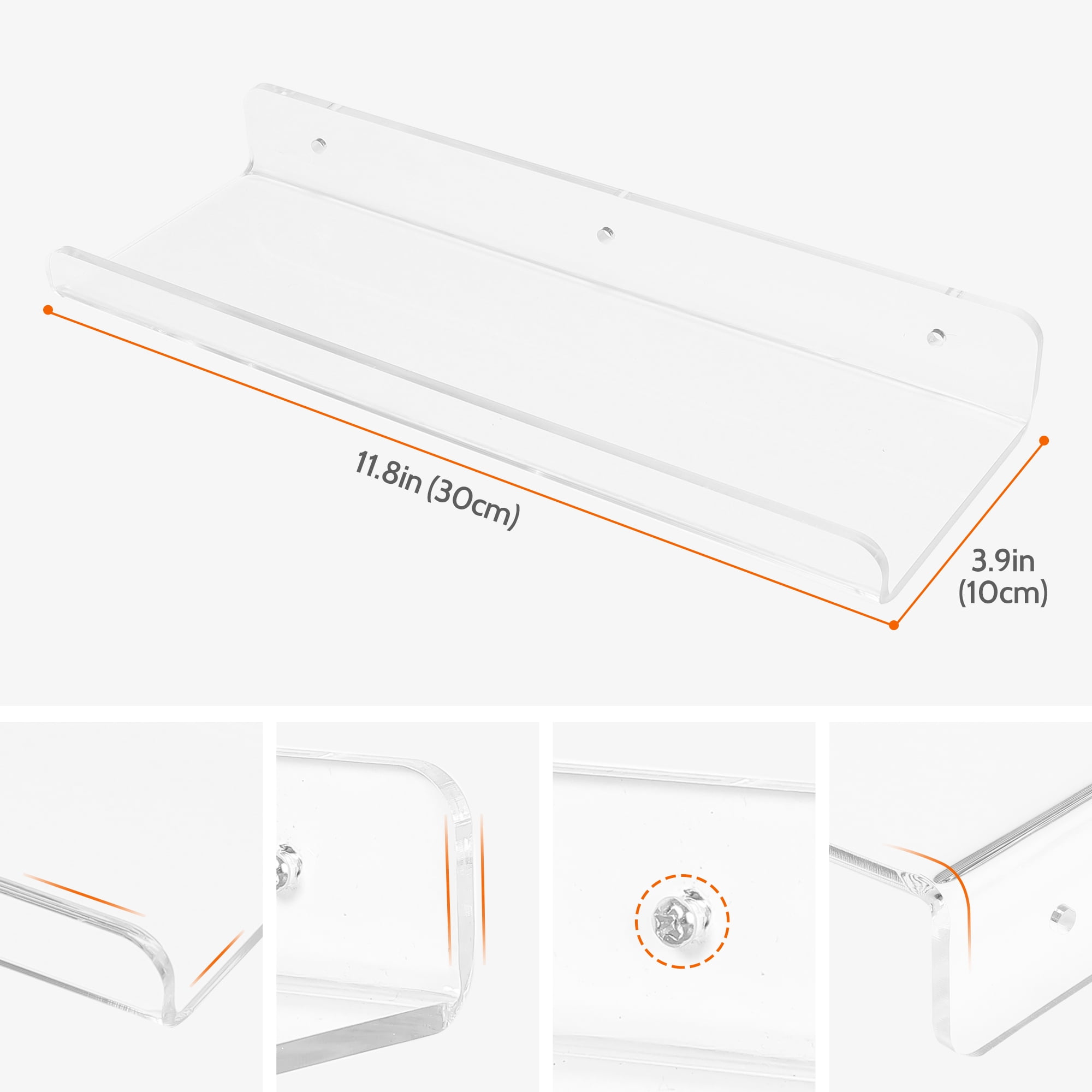Unique Bargains Acrylic Floating Shelves Clear Acrylic Shelf for Living Room Bedroom Wall 12" x 4" x 2" 4