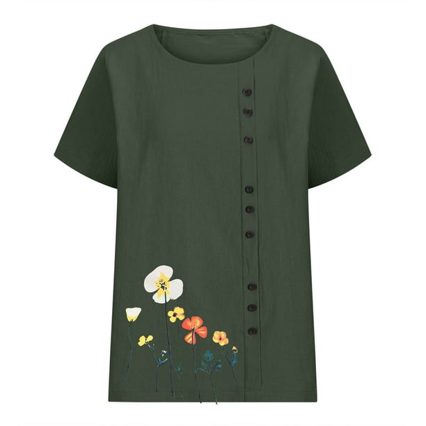 Tops de Manga Corta de Verano para las Mujeres Cuello Redondo Impreso Botón Superior Camiseta de Imitación Rack, Blusa de Moda Casual para el Uso Diario