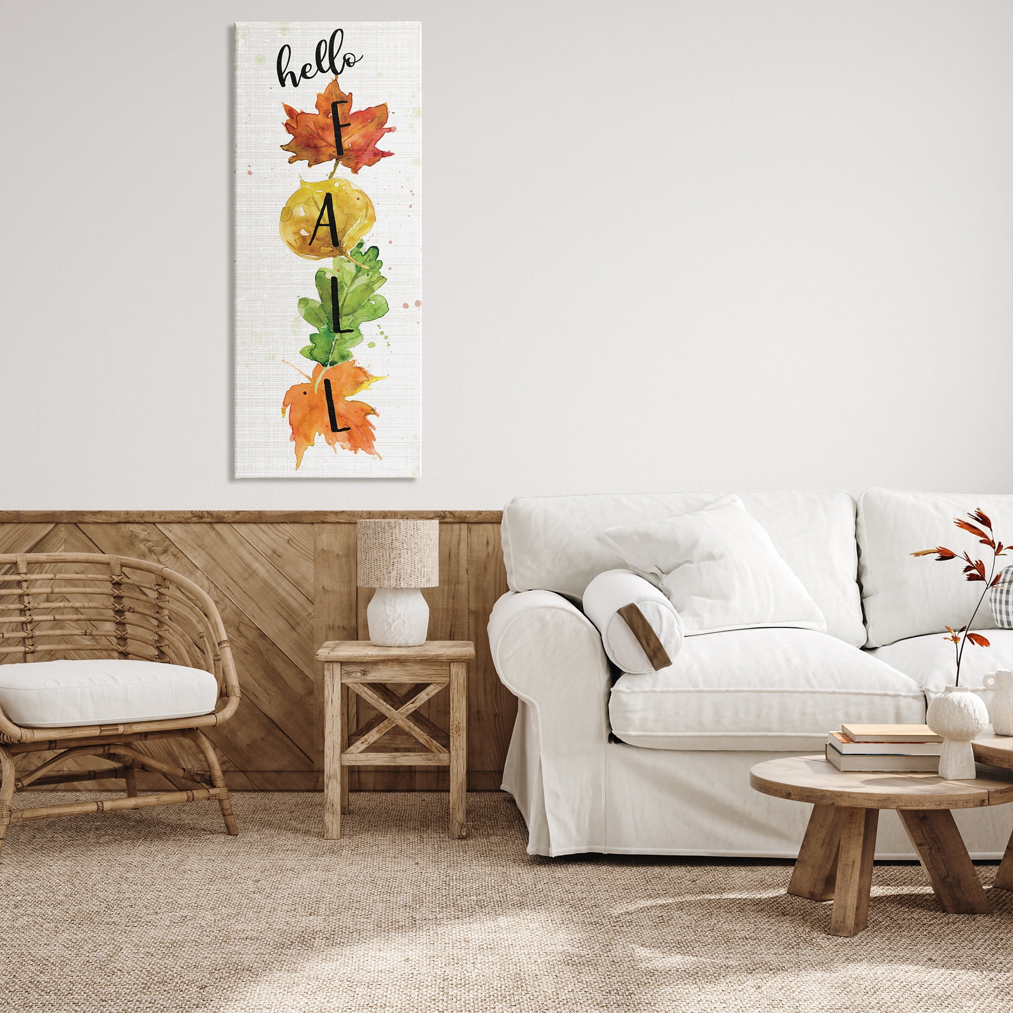Stupell Indtries Hello Fall Greeting Autumn Foliage Stacked Leaves,20 x 48,Design by Carol Robinson
