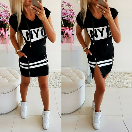 Summer Dress Slim Fit Loose Dress Sleeve Short Pullover Fashion Hooded Print Women Zipper Women s Dress Black