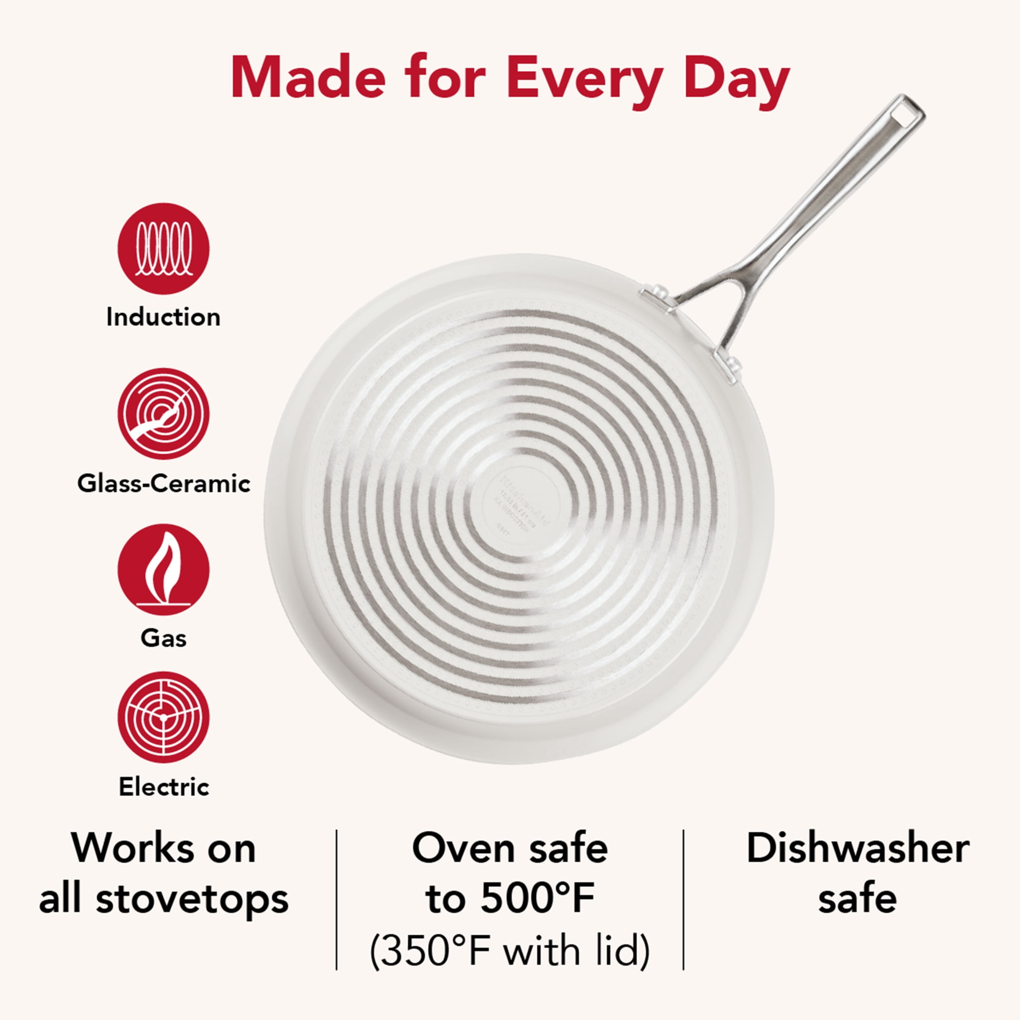 KitchenAid Hard-Anodized 12.25 Inch Ceramic Induction Skillet with Lid, Dishwasher Safe and Oven Safe to 500°F, Porcelain White