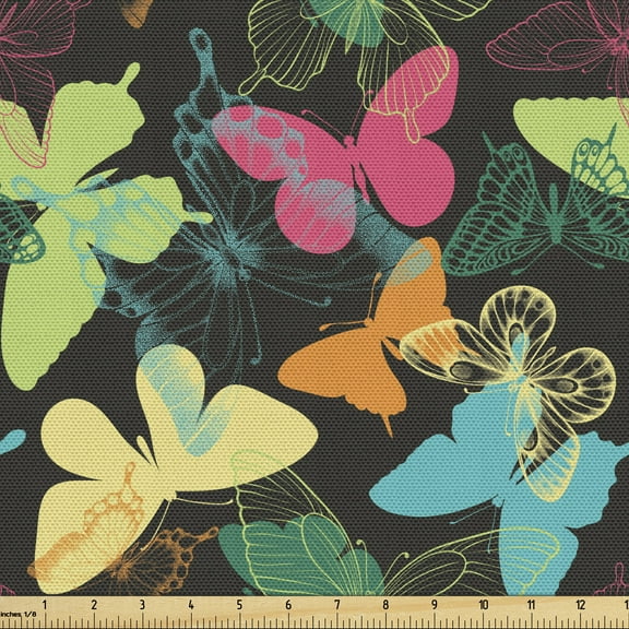 Ambesonne Butterfly Fabric by the Yard Upholstery, Colorful Silhouettes Art, 10 Yards, Multicolor