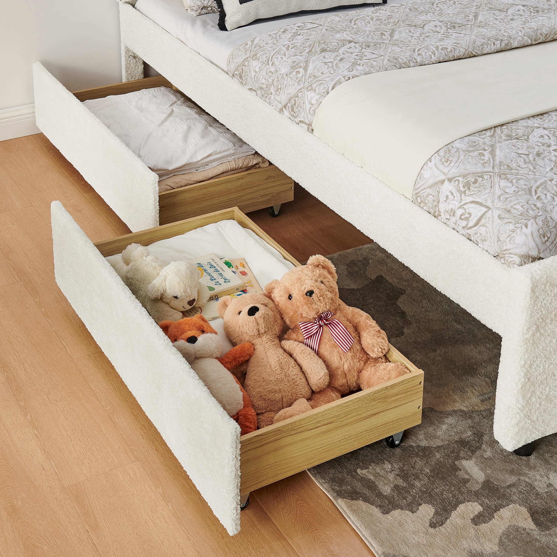 Noble House Luxen Queen Chenille Upholstered Bed, Vertical Tufted Daybed with Pull-out Trundle and Storage Drawers, Beige