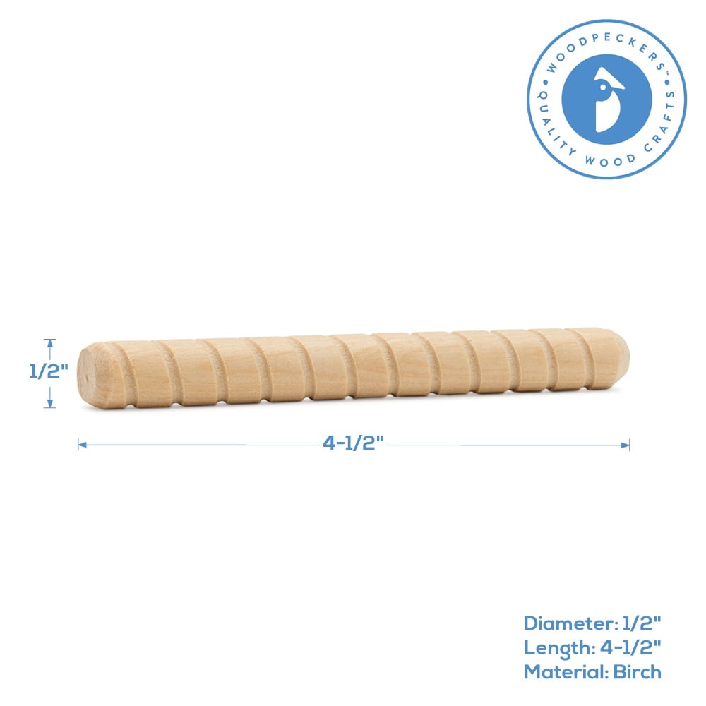 Woodpeckers Wooden Dowel Pins – 4" X 1/2" Fluted Dowels, 50-Pack For Furniture, Crafts, Macrame & More