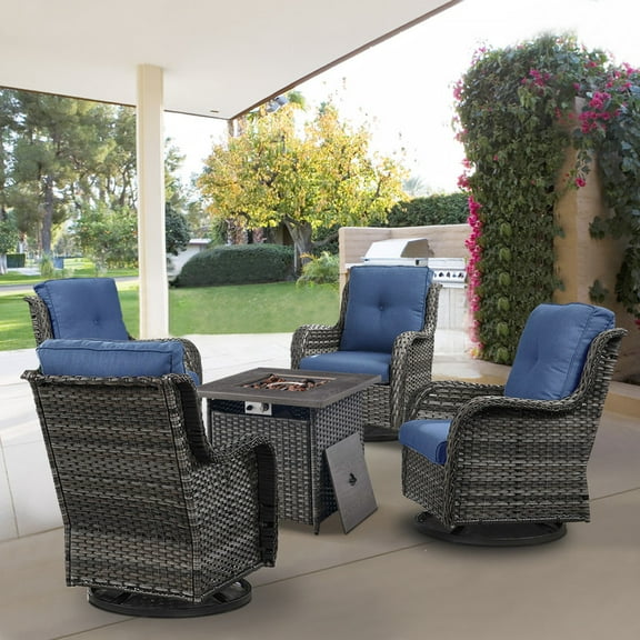 PARKWELL 5 Pieces Patio Furniture 4-Seat Outdoor Conversation Set with 30" 2 in 1 Propane Fire Pit Table and Deep Seat Swivel Gliders,Gray Wicker and Navy Cushions