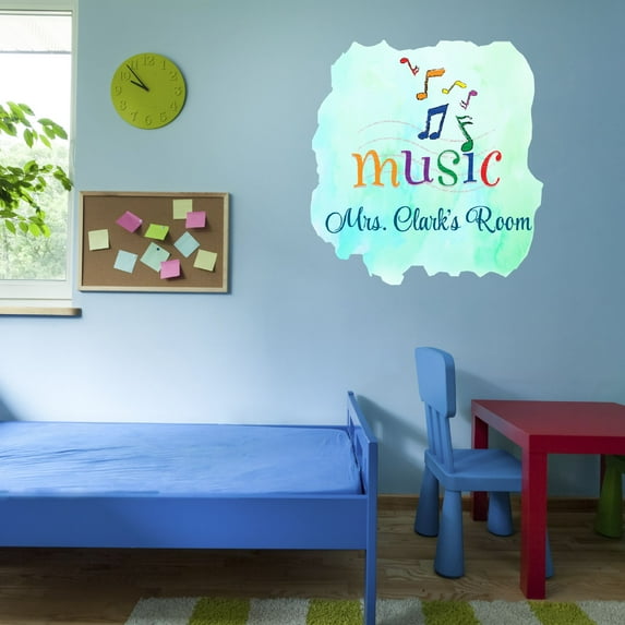 Music Watercolor Custom Name Wall Decals for Bedroom - Musical Notes & Keys Blue Background Art Art Personalized Bedroom Wall Sticker Water Color Style - Size: 40 In x 40 In