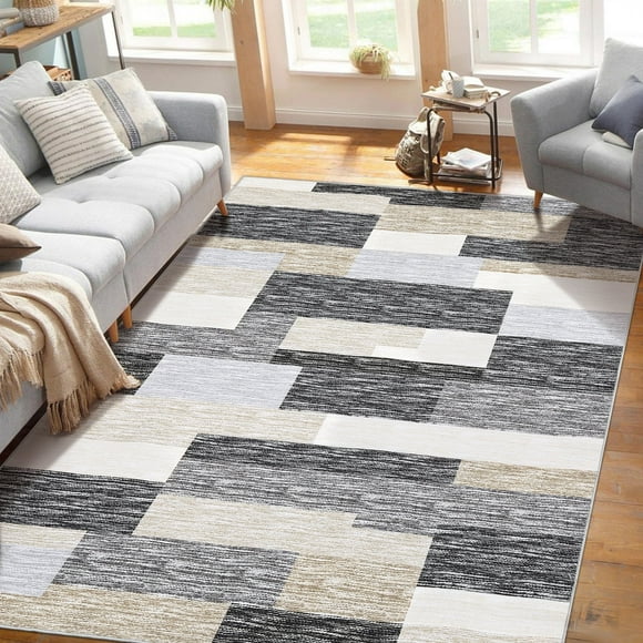 YUSAZENS 9x12 Washable Area Rug Modern Geometric Soft Foldable Non-Slip Accent Carpet for Living Room Gray Camel