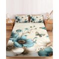 thumbnail image 2 of Twin Sze Fitted Sheet Set - Teal Tulips 2 Piece Bedding Sets 16" Deep Pocket Fitted Sheet with 1 Pillowcase, Vintage Farmhosue Turquoise Floral Butterflies Brushed Microfiber Hotel Luxury Bed Sheets, 2 of 9