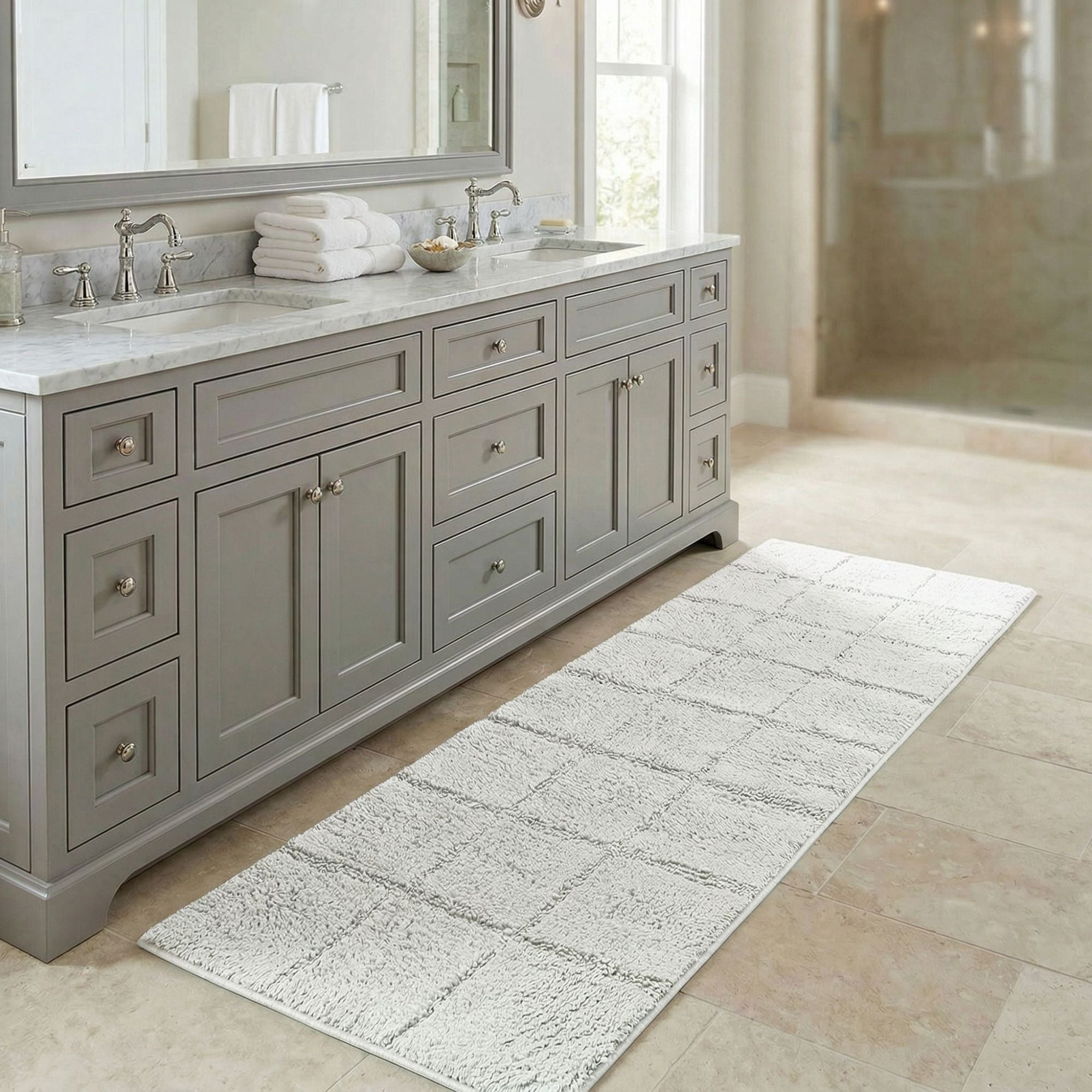 Superior Checkered Cotton Washable Non-Slip Bath Rug, Runner Size, White