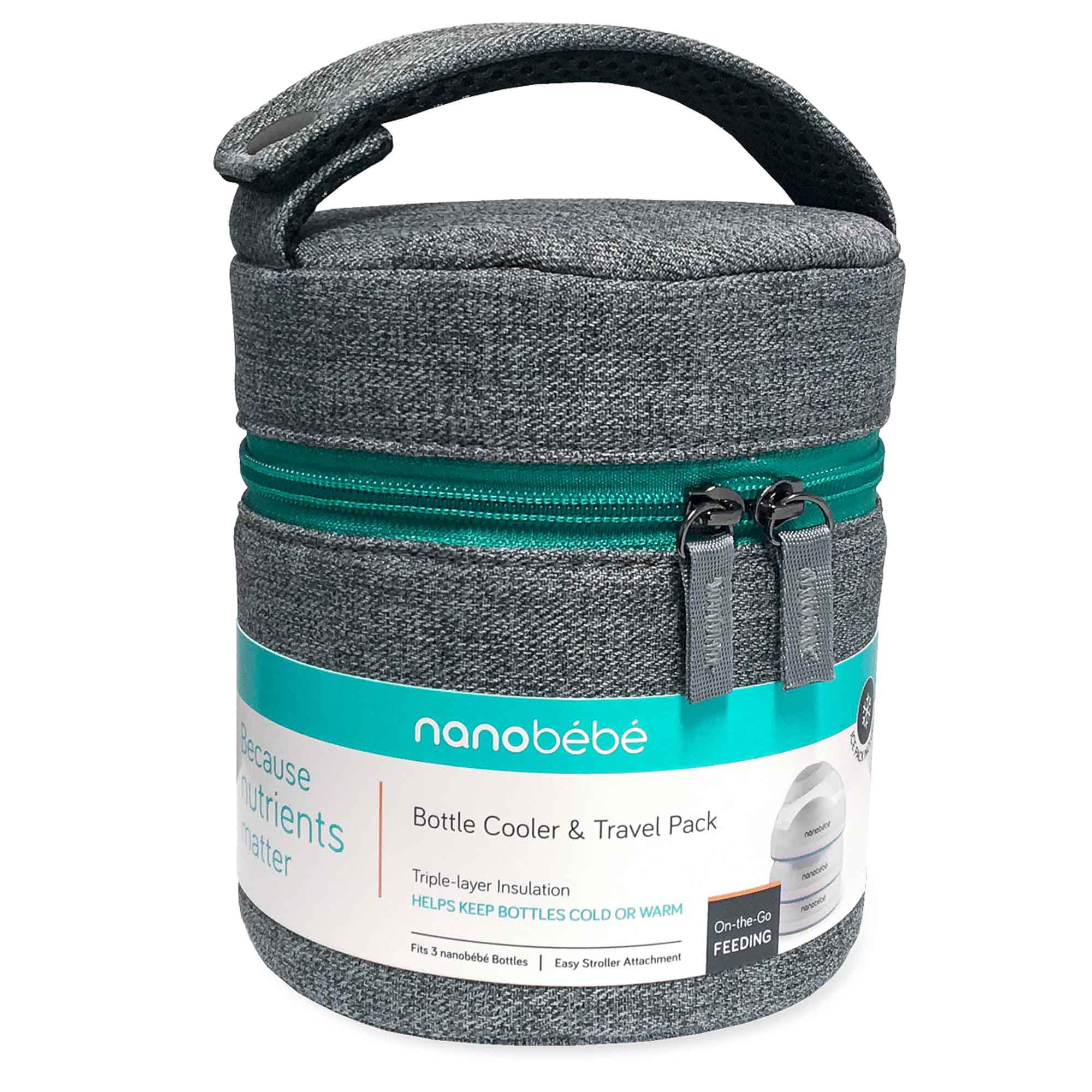 Grey Nanobebe Compact Triple Insulated Breastmilk Baby Bottle Cooler & Travel Bag with Ice Pack Included Easily attaches to Stroller or Diaper Bag 