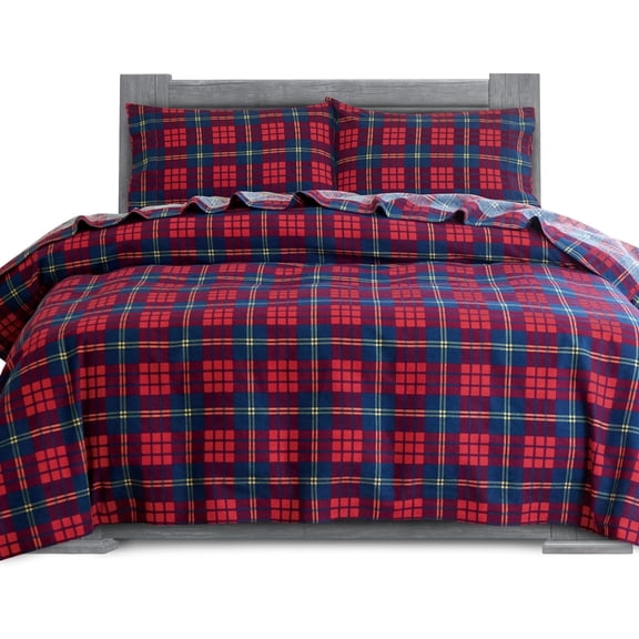 Elegant Comfort Plaid King Bed Sheet Set, 4-Piece Soft Cotton Flannel Sheets, Cozy Deep Pocket, Navy Blue