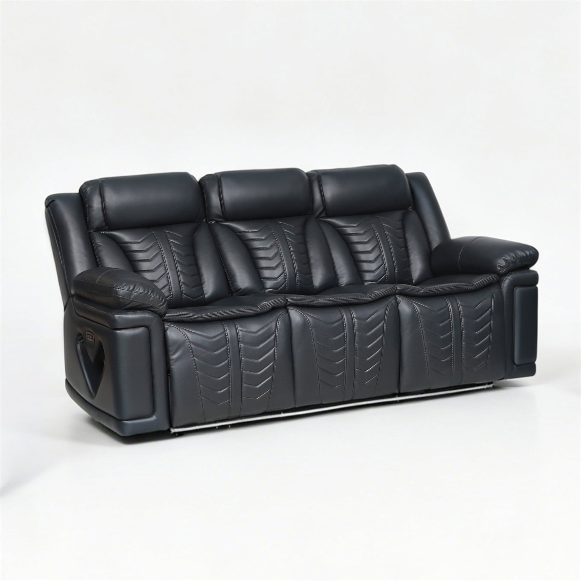 Electra Luxury 2-Piece Power Reclining Living Room Set - Dark Grey Faux Leather Motion Sofa and Loveseat with LED Lighting, Bluetooth Speakers, Drop-Down Table, and Wireless Charging