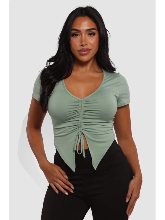 Drawstring Ruched Front V-Neck Crop Tops - Sage