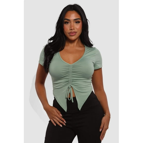 Drawstring Ruched Front V-Neck Crop Tops - Sage