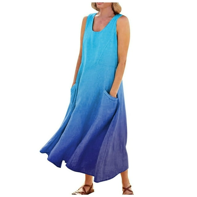 CHOK Robes d'Été Décontractées Femmes Coton Lin à Fleurs Robe Maxi Femme Sans Manches Débardeur Longue Fluide Robe Bohème Robes d'Été Fluides pour Adolescentes avec Poches Gris Foncé 3TG
