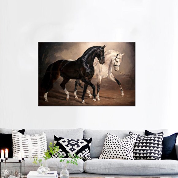 Large Black and White Horse Canvas Art in Floating Frame for Contemporary Wall Decor with Love Theme