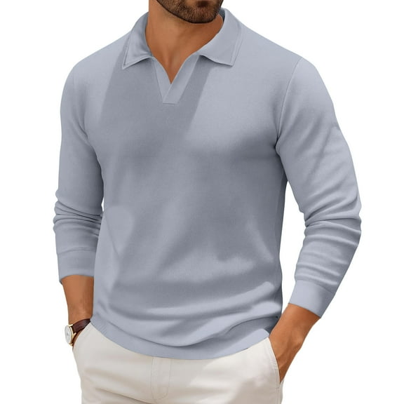 Havenx Mens Knit Polo Shirts V Neck Ribbed Knitted Polo Sweater Long Sleeve Golf Shirts 2025 Lightweight Collared Pullover Sweater,Light Gray 4XL