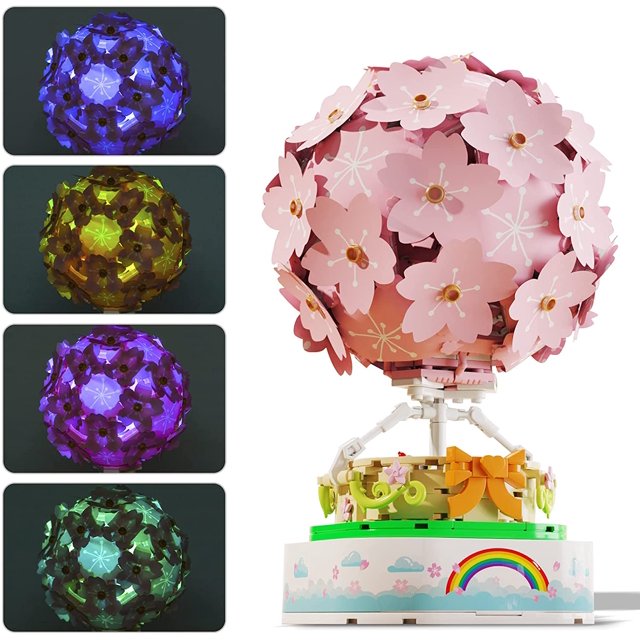 Kits de construcción modelo de caja de música giratoria con luces LED, ladrillos de construcción de globos aerostáticos Sakura, para decoración del hogar, niña, cumpleaños, aniversario, Navidad, día Namotu WMZL-2376