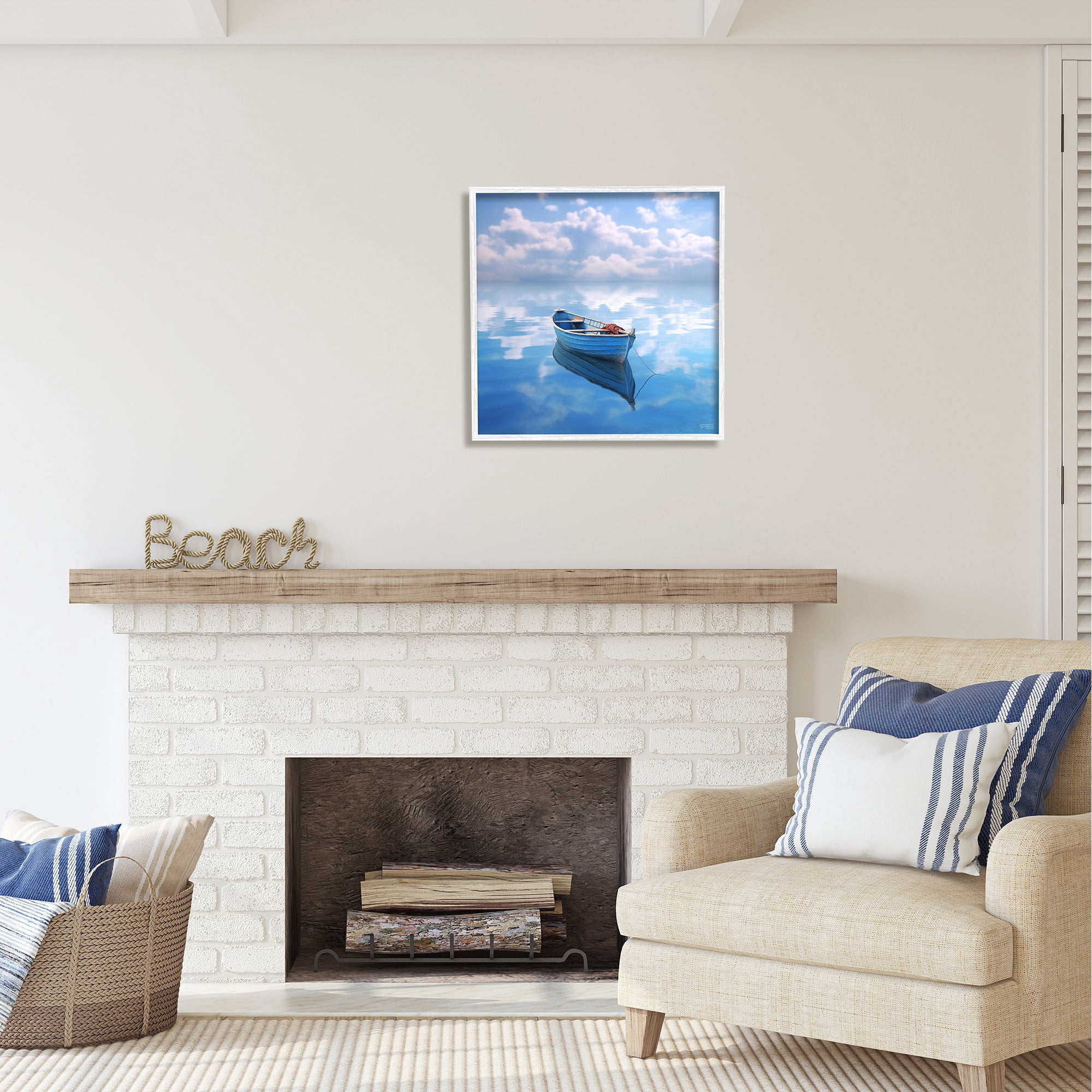 Stupell Industries Lone Boat on Cloudy Sea Transportation Painting White Framed Art Print Wall Art, 24 x 24