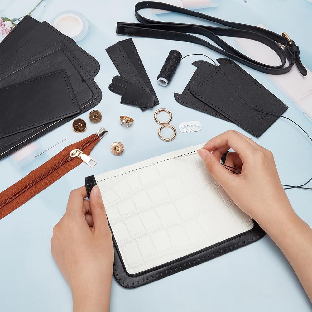 DIY Shoulder Bag Making Kit PU Leather Handbag Sewing Kit Women Crossbody Purse Making All Materials Needlepoint Kit Fashion Handicraft Bag Making Birthday Gift 7.8x5.5x2.3 Inch Black DIY