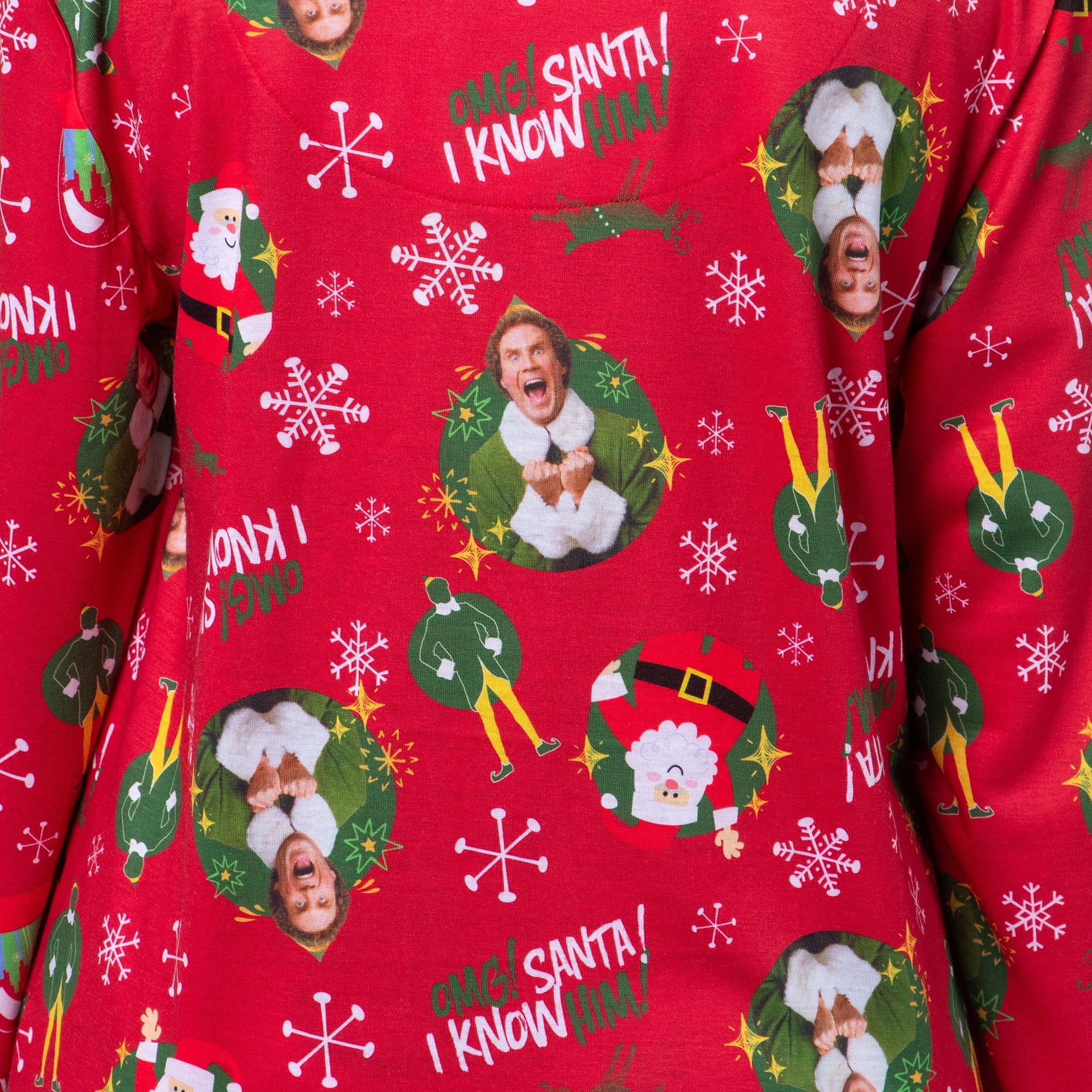 Elf The Movie Women's OMG! SANTA! I KNOW HIM! Christmas Sleep Collared Button Down Long-Sleeve Pajama Set