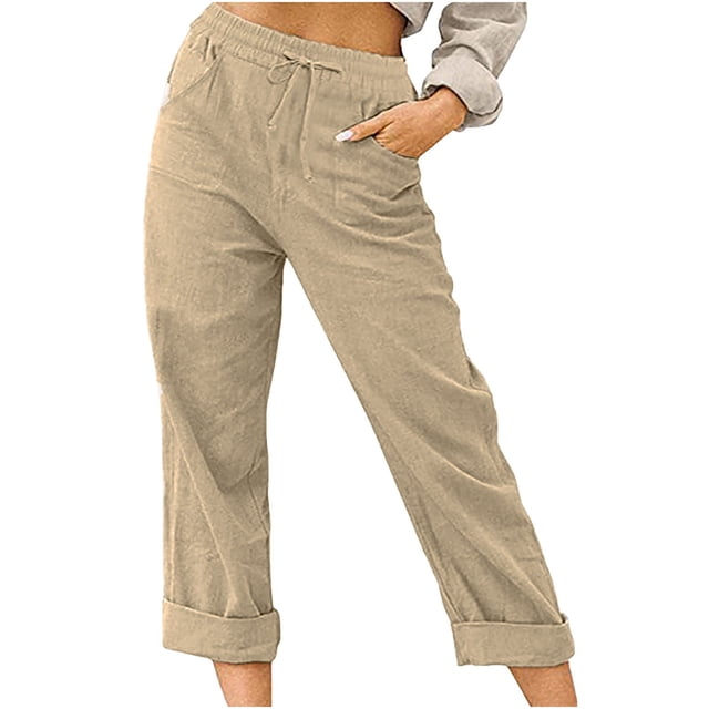 ICHUANYI Clearance Women Casual Solid Color Pockets Bandage Elastic Waist Comfortable Straight Pants(Beige, M) ICHUANYI WER2023080802420