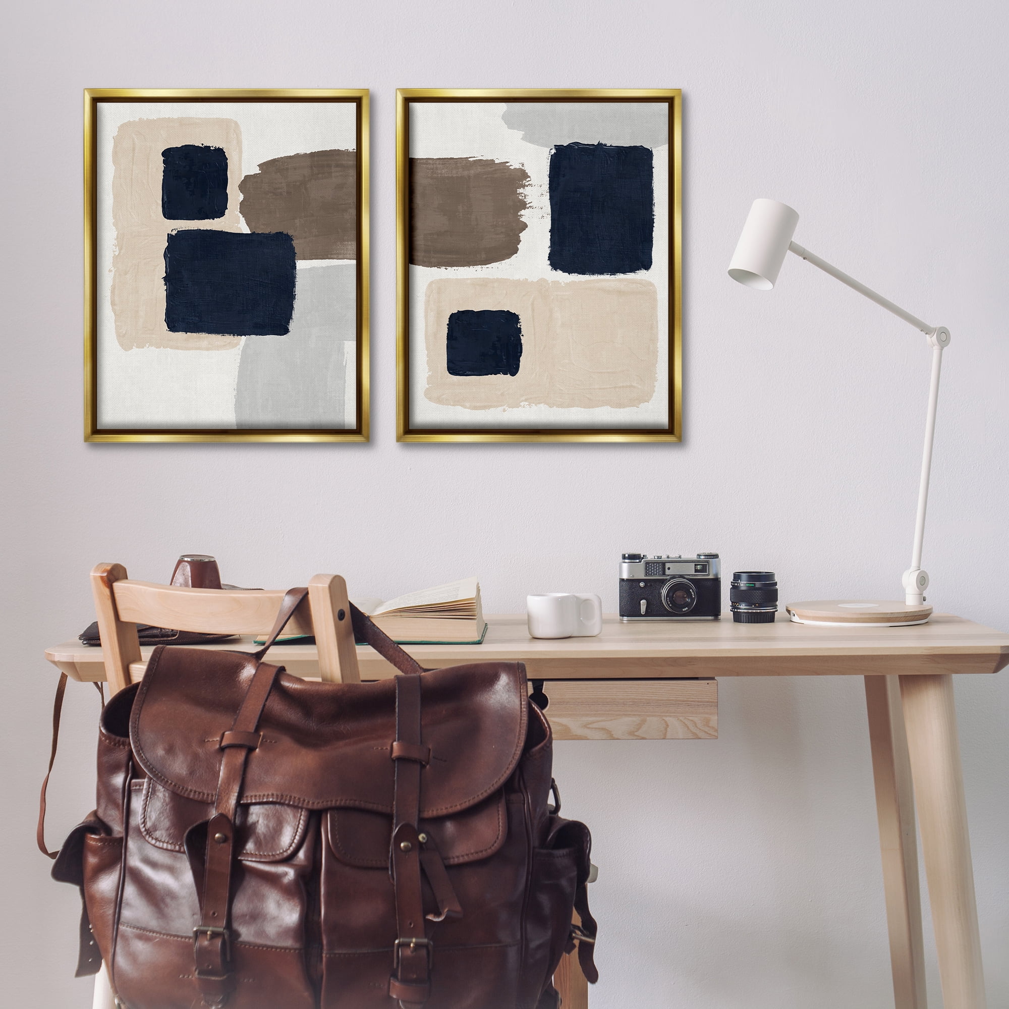 Stupell Industries Navy Brown Blocked Abstract Painting Gold Floater Framed Canvas Art Print Wall Art, 31 x 25, Set of 2