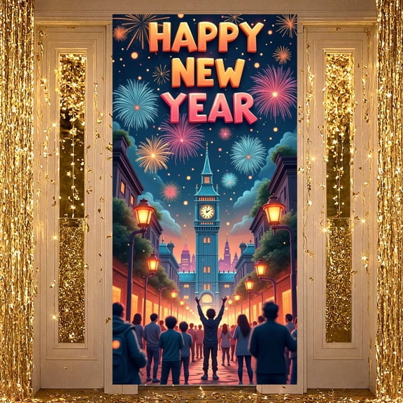 Colorful Fireworks Happy New Year Banner City Skyline NYE Backdrop Festive Lights Elements Celebration Display for New Year Party NYE Celebration City Festival