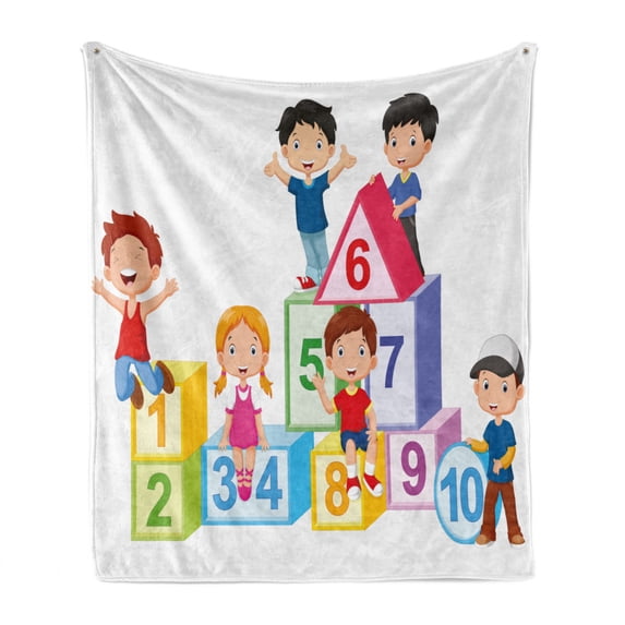 Educational Soft Flannel Fleece Throw Blanket, Happy Kids Boys and Girls with Number Blocks Triangle Rectangle and Square, Cozy Plush for Indoor and Outdoor Use, 60" x 80", Multicolor, by Ambesonne