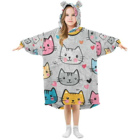 FORMRS Wearable Blanket Hoodie with Sleeves for Kids Cozy Flannel Sweatshirt, Cute Cat Pattern