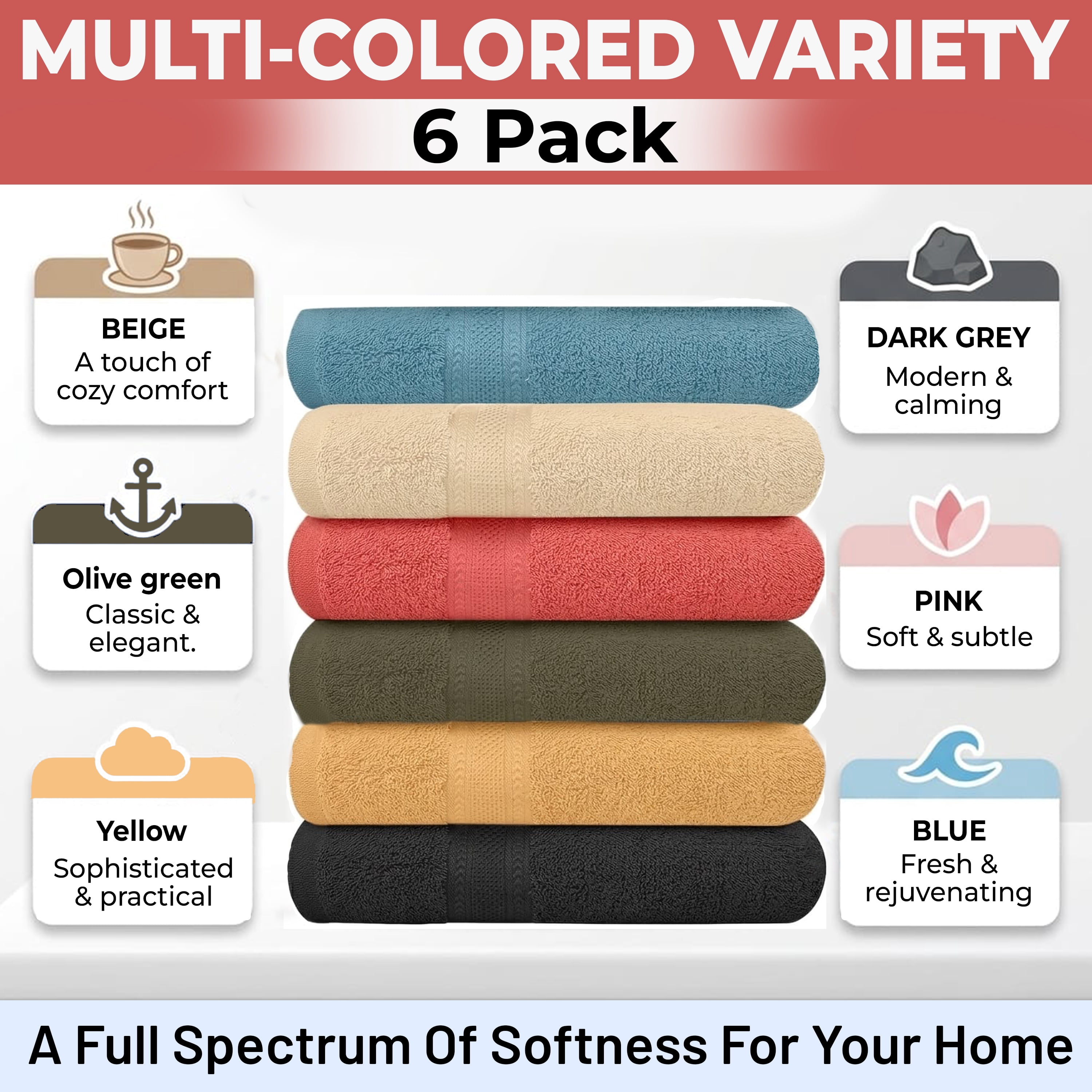 Pack of 6 Bath Towels 27 x 54 Inches, 100% Cotton, Larger & Lighter Weight, Quicker to Dry, Super Soft and Absorbent, Perfect for Bathroom (Multicolor, Pack of 6 (27''x54''))