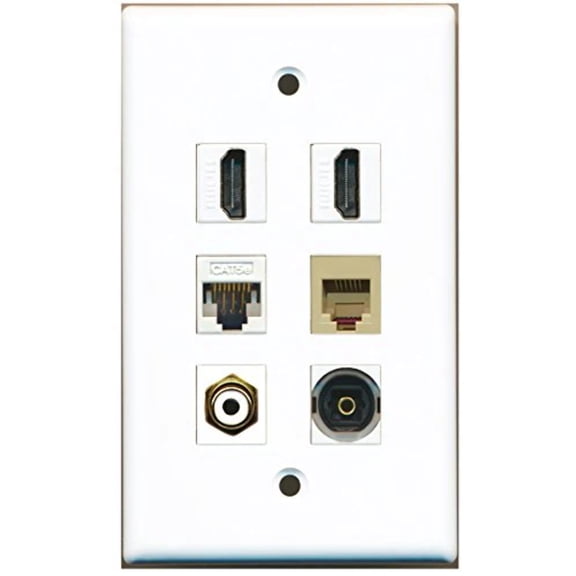 RiteAV - 2 HDMI 1 Port RCA White 1 Port Phone RJ11 RJ12 Beige 1 Port Toslink 1 Port Cat5e Ethernet White Wall Plate