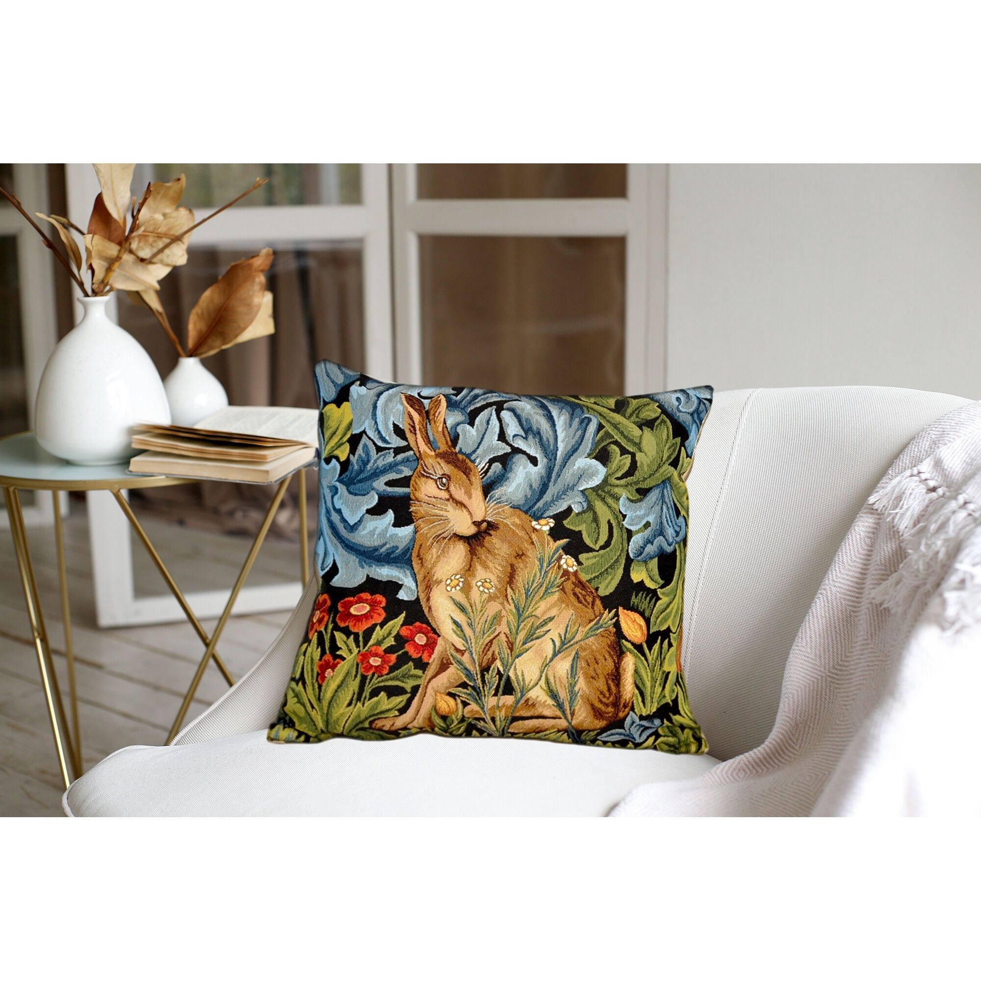 STPgoods Bunny William Morris Tapestry Throw Pillow with Insert 18x18" (45x45 cm) Decorative Couch and Sofa Cushion for Living Room Bedroom Square Pillowcase