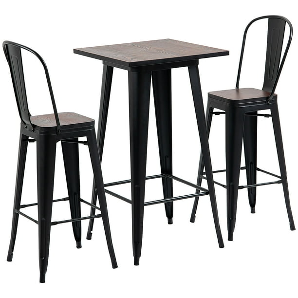 3 Piece Industrial Dining Table Set, Bar Height Bar Table and Chairs Set with Footrests