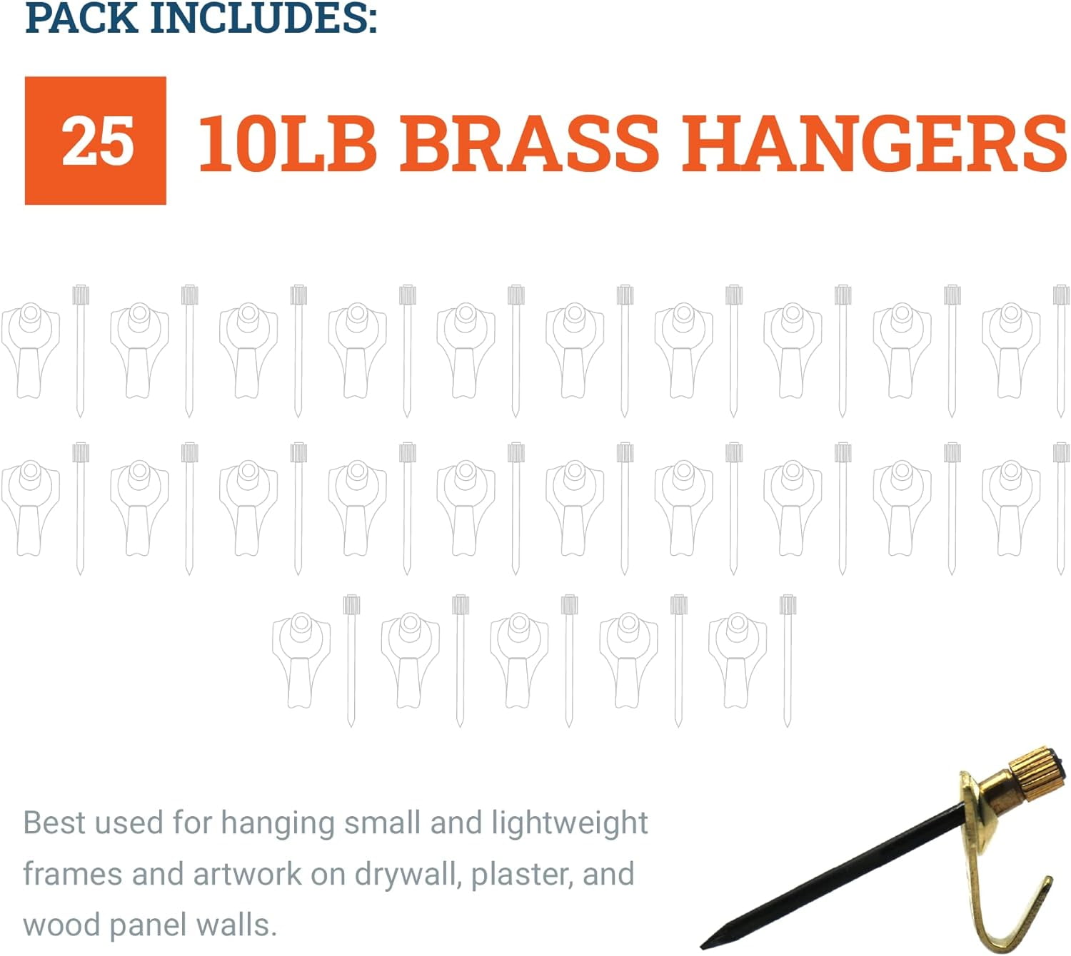JJEAN-PHS 10 lb Brass Picture Hooks for Hanging with Nails - 25 Pack Professional Picture Hanger Hooks - Light Duty Hanging Hardware for Drywall & Plaster Walls