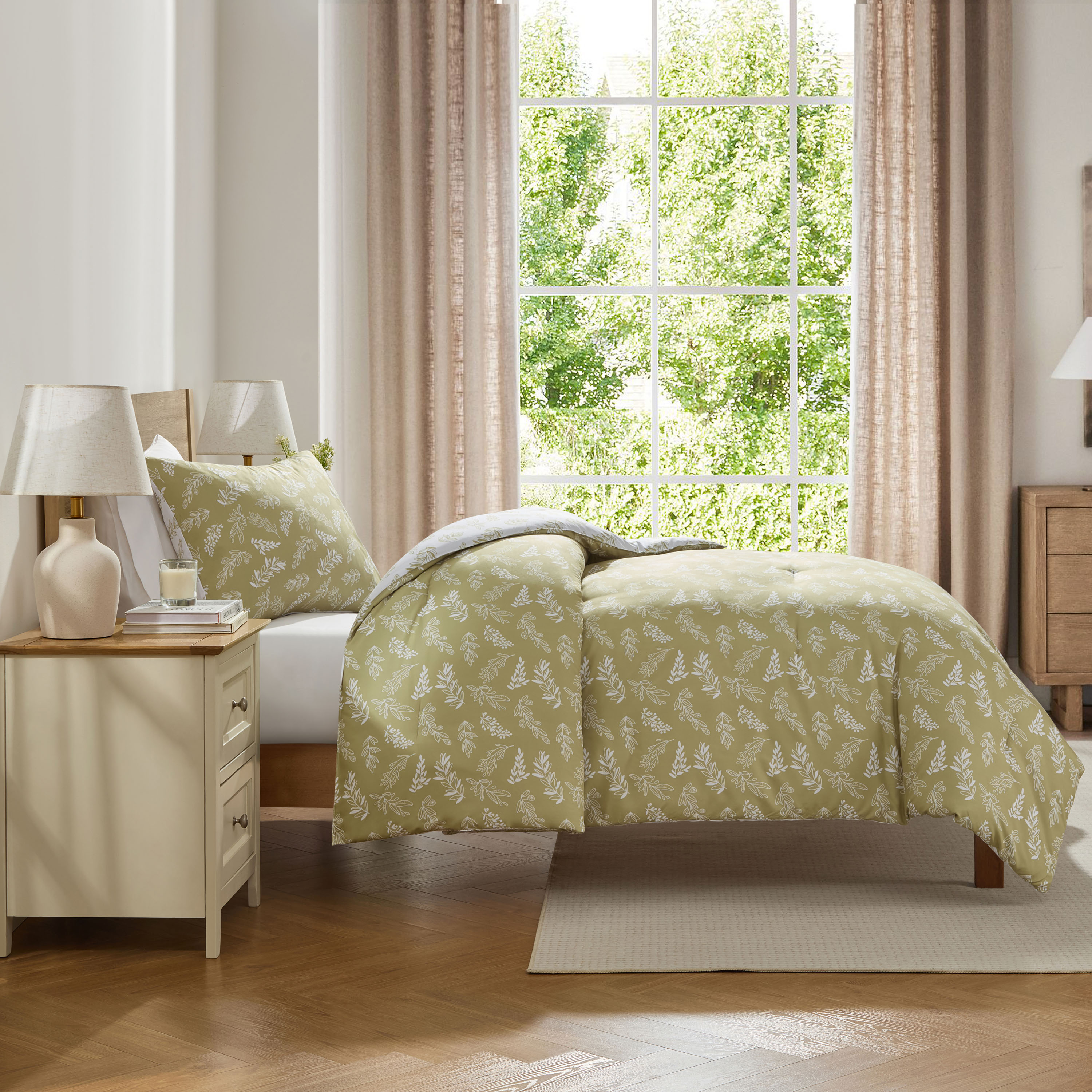 LammaLoe Twin Comforter Sets, 2 Piece Botanical Bed in a Bag, Reversible Bedding Comforter Set with Sheets, Modern Bed Set, Olive Grove/White