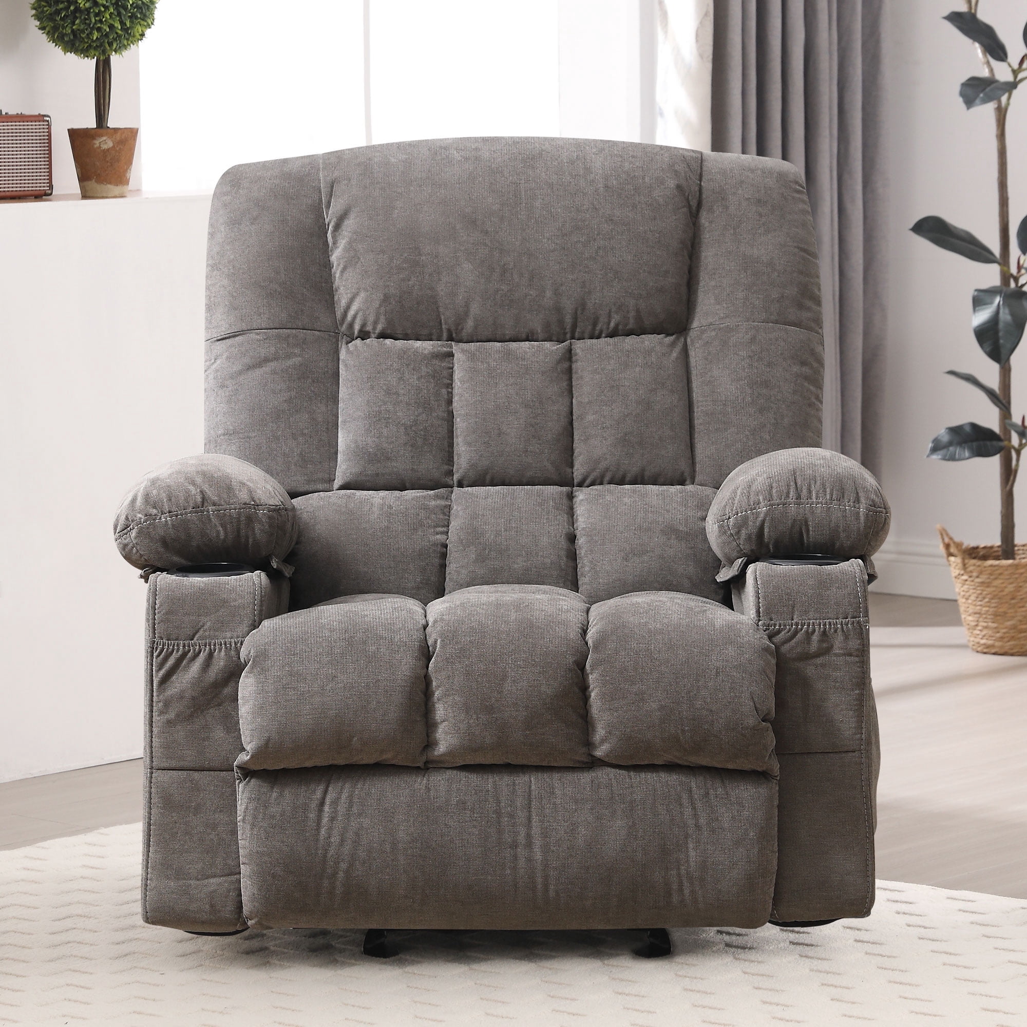 HYSpacerX Rocker Recliner Chair with Massage and Heat, Ergonomic Comfy Relining Chair with Cup Holders, USB Charge Port, Side Pockets,Grey