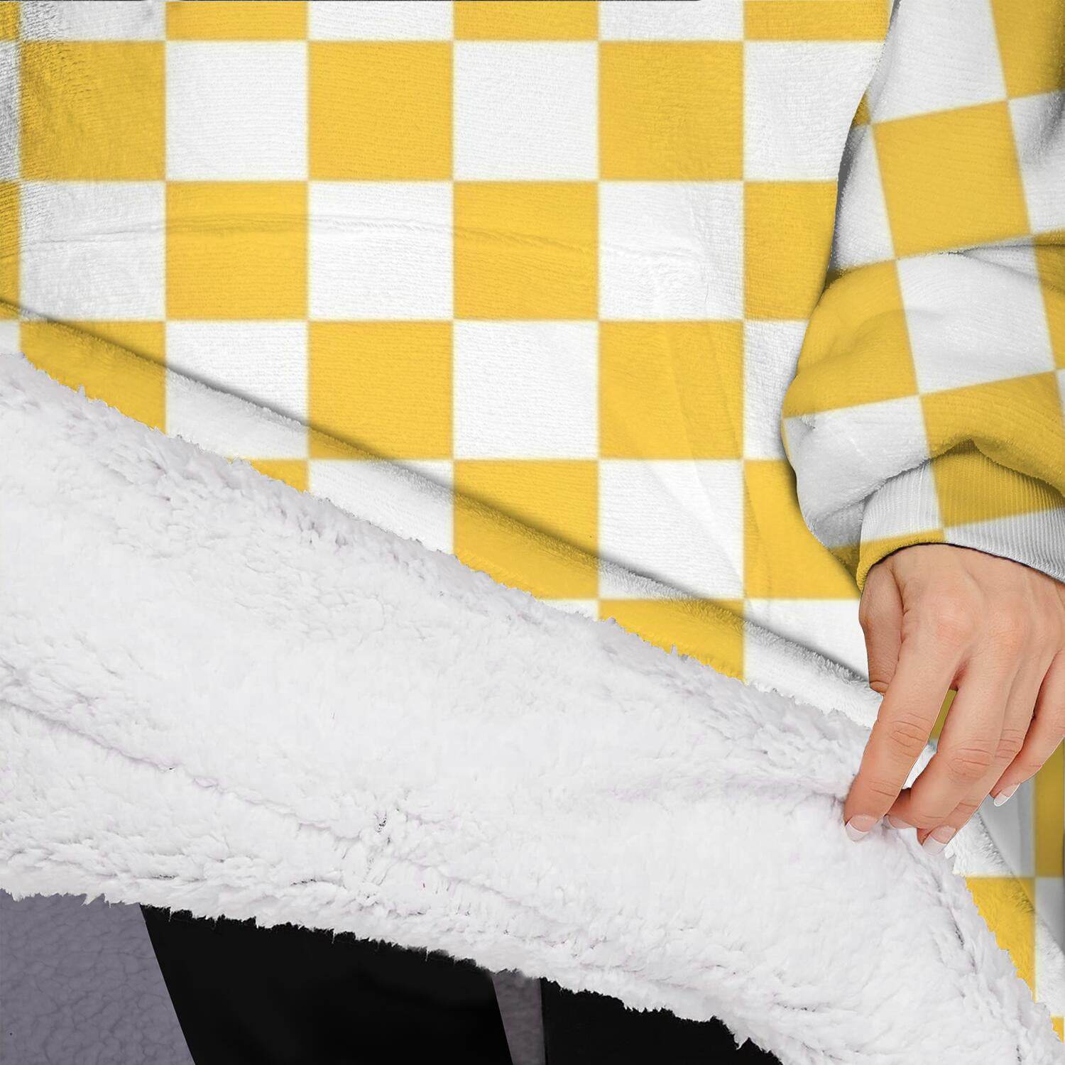 Oversized Wearable Blanket Hoodie,Yellow White Checkerboard Checkered Pattern Sherpa Blanket Hoodie with Super Pockets,Super Warm Fuzzy Pullover for Women & Men